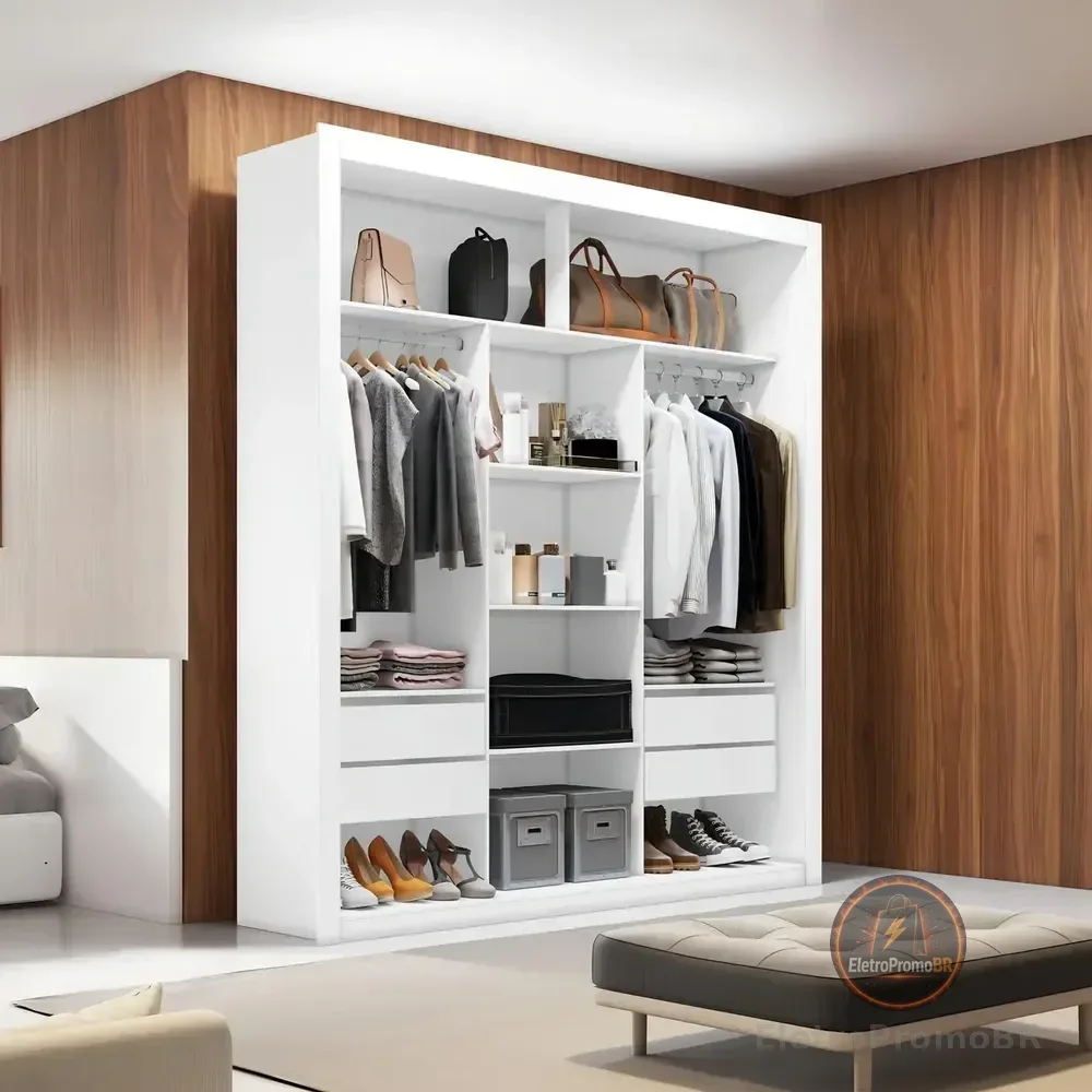 Closet Casal MDF 4 Gavetas 5 Prateleiras Branco Amoudi
