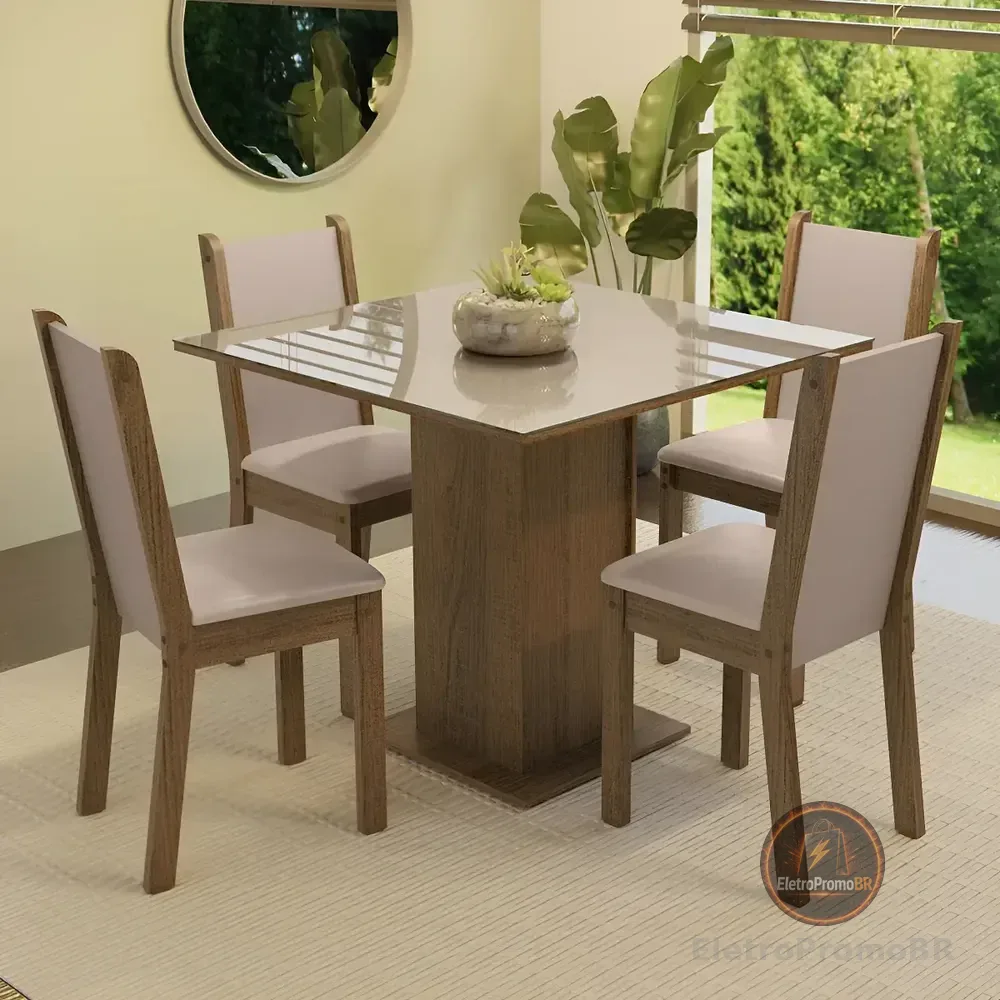 Sala De Jantar Mesa Tampo De Vidro 4 Cadeiras Tifani Madesa Cor Rustic/Crema/Sintético Bege XMMDJA040165