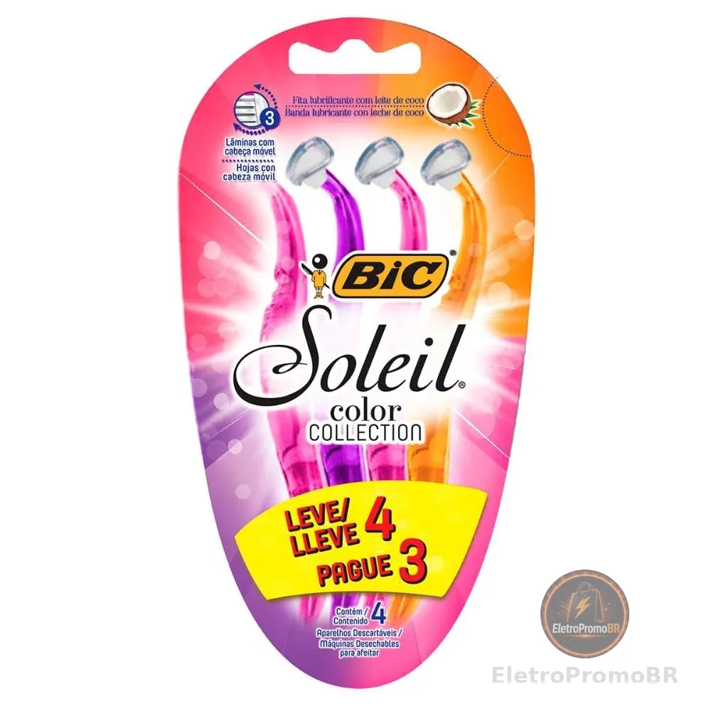 BIC Aparelho De Depilar Soleil Rosa Roxo E Laranja Leve 4 Pague 3 - 930183 - Dupla Fita Lubrificante Com Leite De Coco