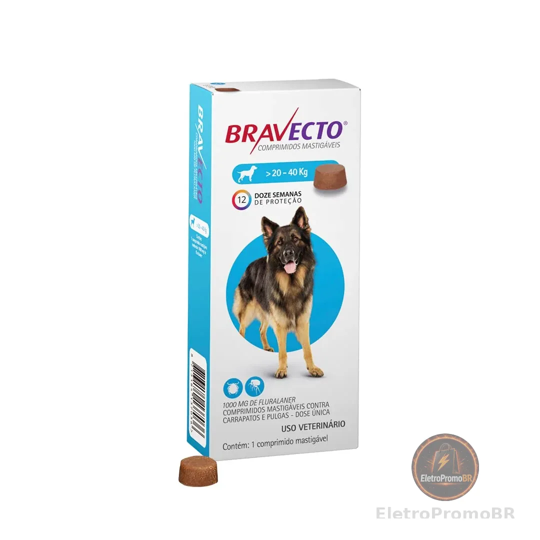 Bravecto® 1000mg Comprimido Mastigável Antipulgas e Carrapatos para Cães de 20 a 40kg – 1 Comprimido – MSD Saúde Animal