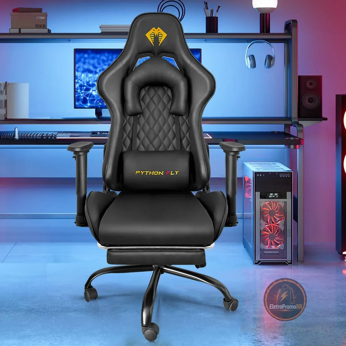Cadeira Gamer Python Fly Deluxe, Design Ergonômico, Ajuste De 90-150 Graus, Design Preto E Dourado