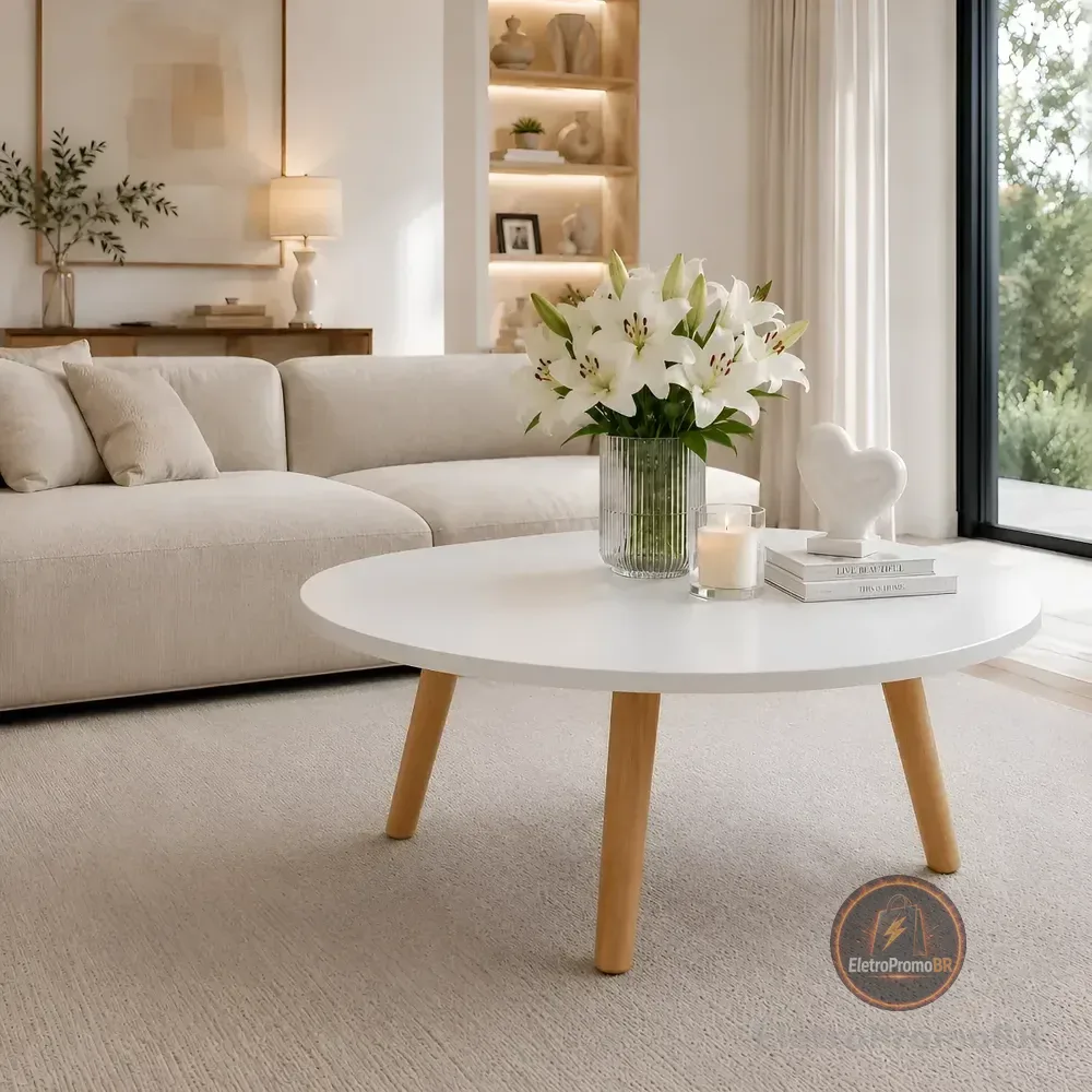 Mesa De Centro Redonda Para Sala Mdf Pés Palito De Madeira Branco