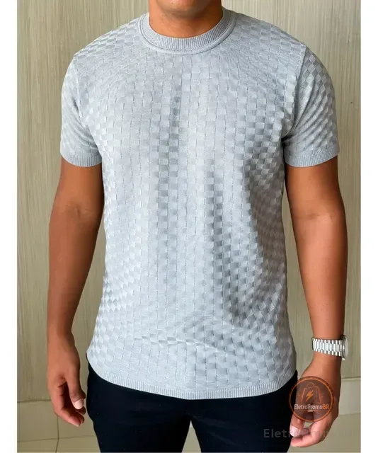 Camiseta Masculina Manga Curta Xadrez Tricô Leve Elegante