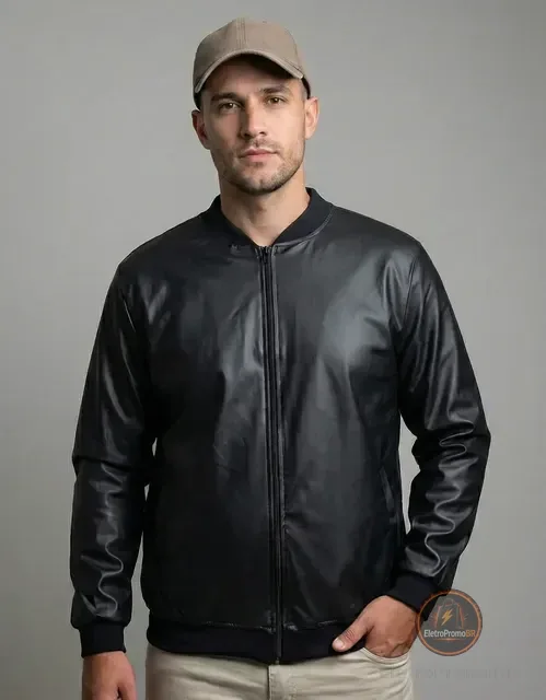 Jaqueta Bomber Courino Masculina Preta Com Zíper