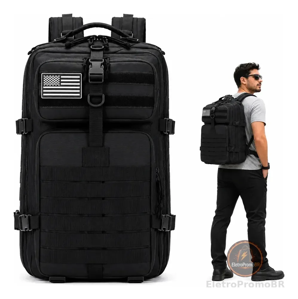 Mochila Tática Grande Resistente 50l Para Viagem Aventura Preto