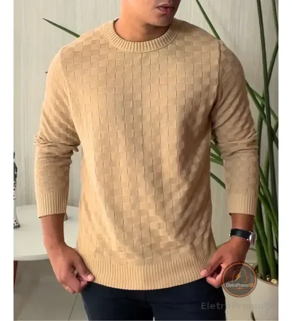Blusa De Frio Masculina Trico Suéter Lã Gola Careca Xadrez