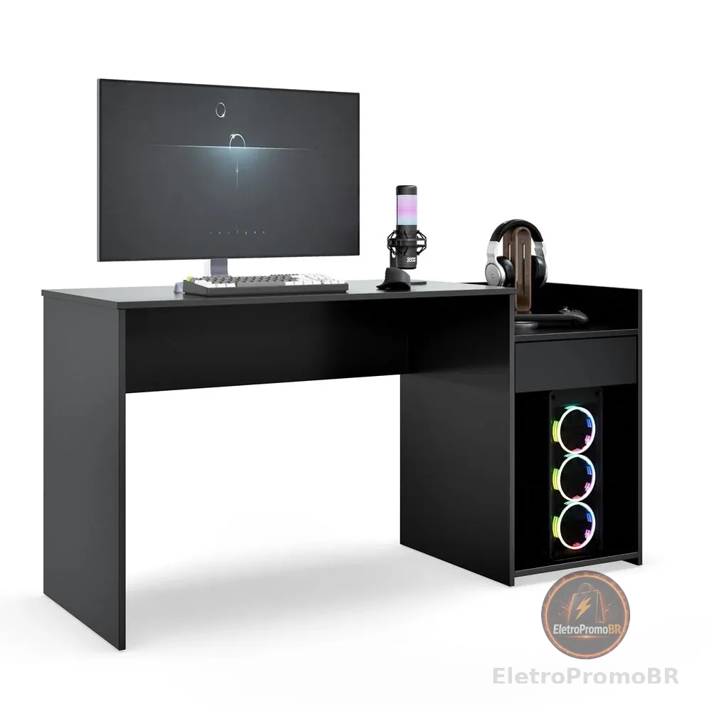 Mesa para Computador Pc Gamer Com Gaveta Nicho Escrivaninha Eros (Preto)