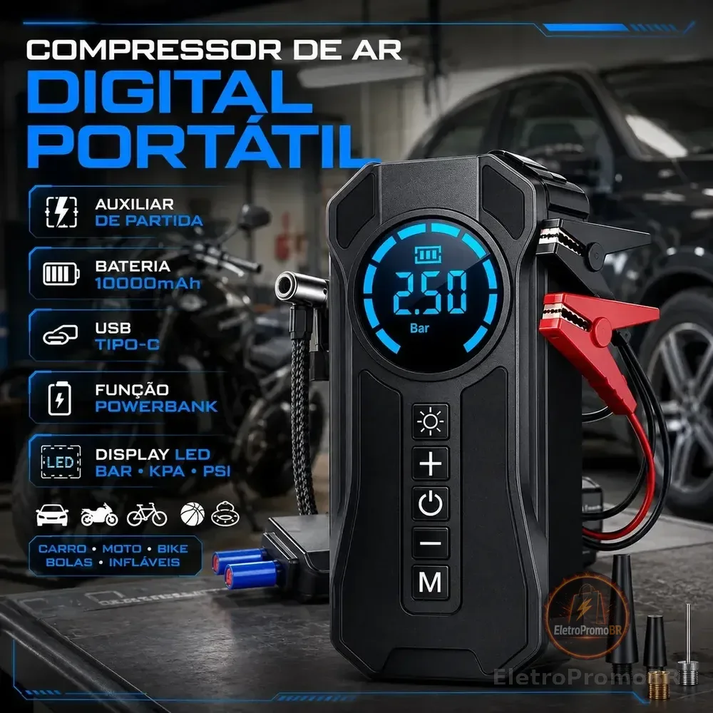 Mini Compressor De Ar Portátil Bateria Emergência Ignição Automotiva Potente Preto Compacto