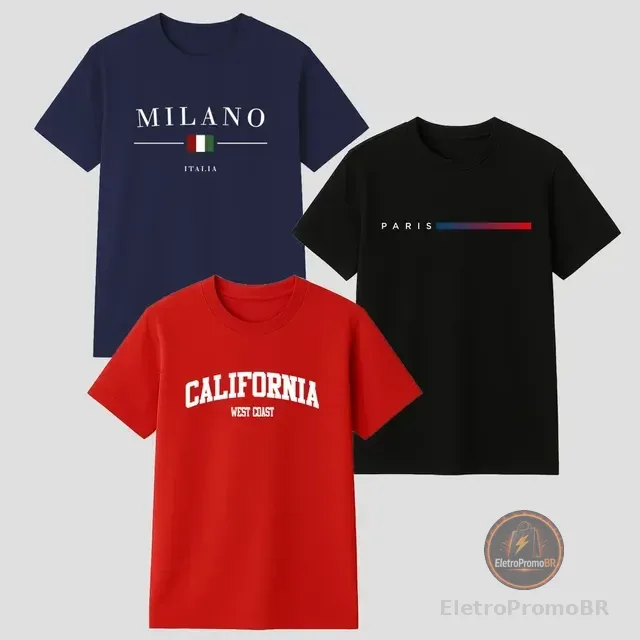Kit 3 Camisetas Masculina 100% Algodão Premium Verão Casual