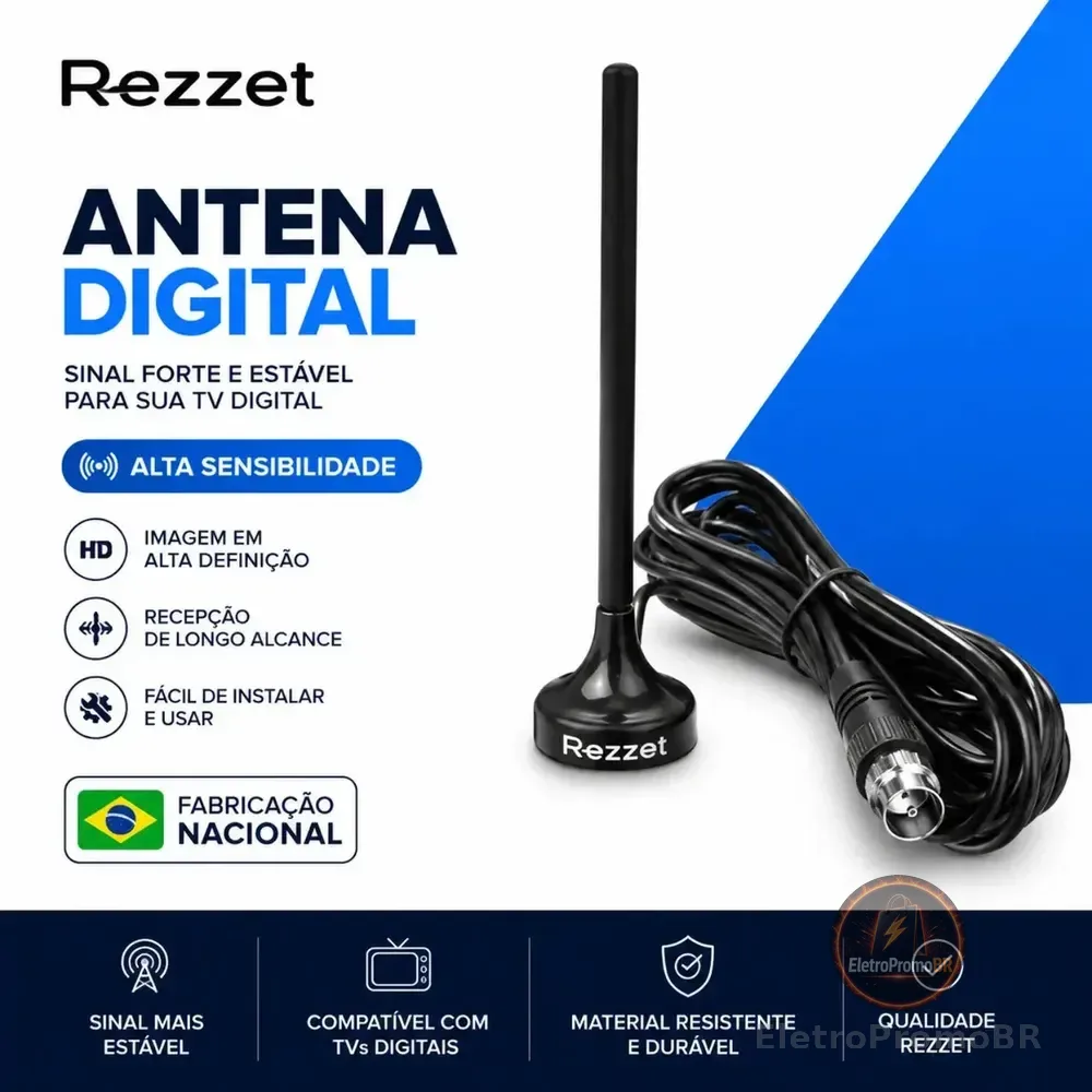 Antena Digital Sinal 4k Smart Tv Interna Externa Samsung LG Led Lcd Amplificador Hdtv Uhf Com Cabo Longo E Base Magnética Rezzet