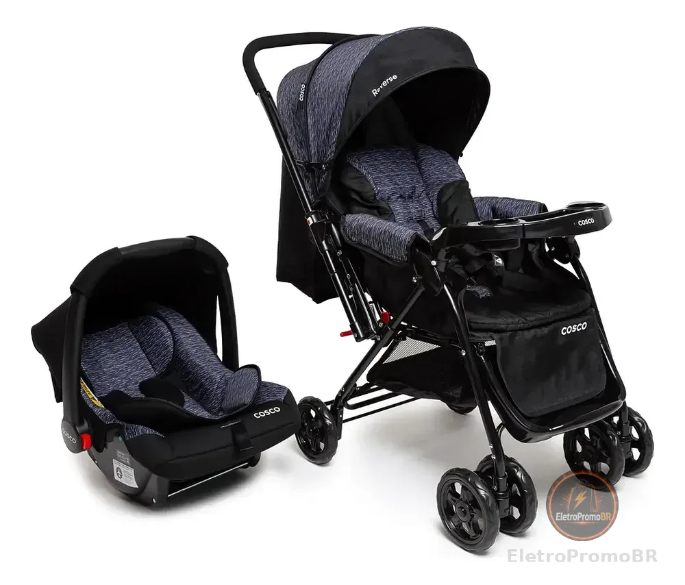 Travel System Duo, Cosco Kids, Reverse, 0 a 15kg, Preto Rajado