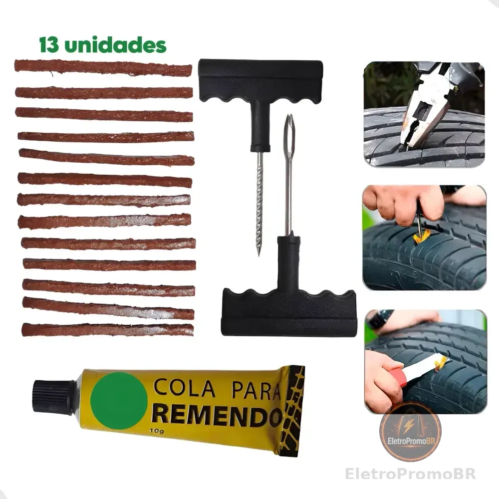 Kit Reparo Pneu Furo Remendo Carro Moto + Refil Macarrão