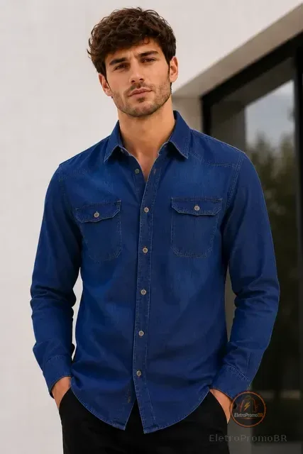 Camisa Jeans Slim Manga Longa Masculina