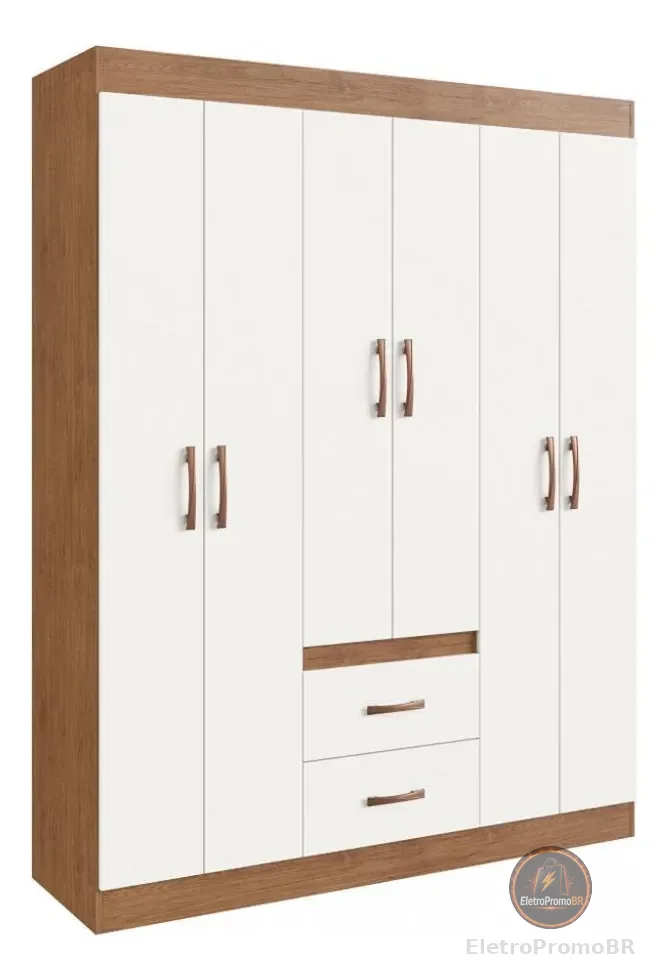 Guarda Roupa Solteiro 6 Portas 2 Gavetas Sidney Doripel Cor Off White/nogueira