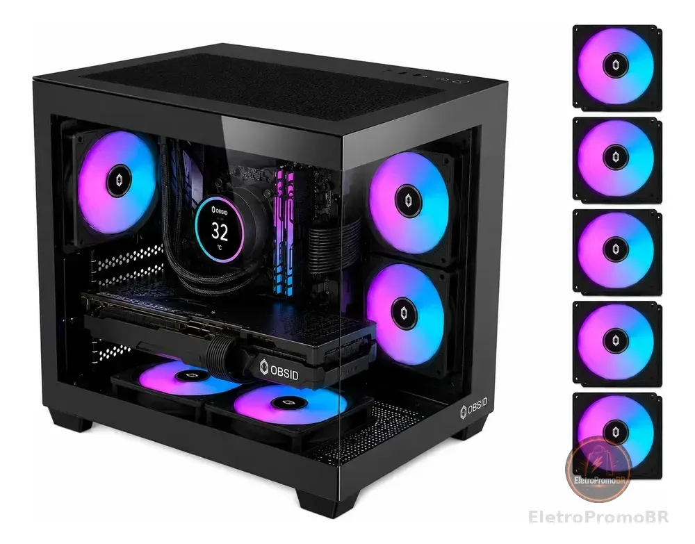 Gabinete Gamer Obsid Aquário Com 5 Cooler Fan Led Rgb Preto