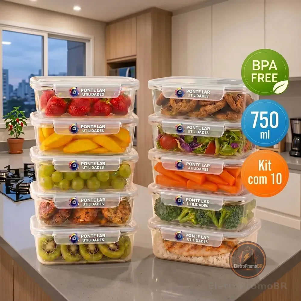Kit 10 Potes Marmita 750ml Com Tampa Trava Transparente Bpa Água