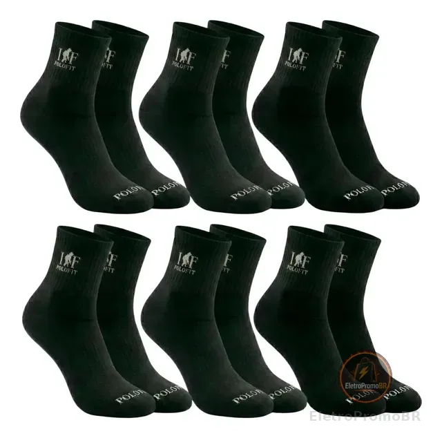 Kit 6 Pares Meia Cano Médio Alto Unissex Algodão Polo Fit