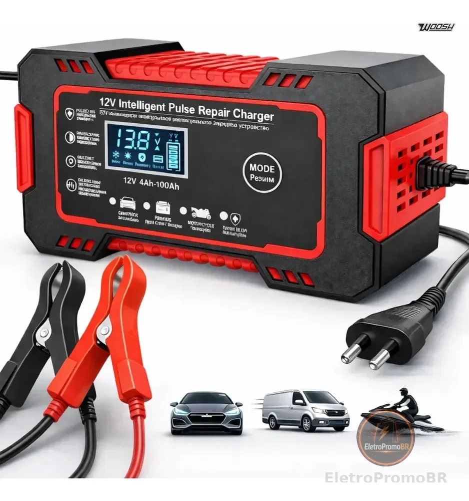 Carregador Inteligente De Bateria Automotiva 12v 6a Bivolt Recupera Baterias 4ah A 100ah Todos Veículos Moto Carro Caminhão Barco