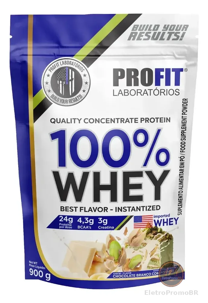 100% Whey - Isolado E Concentrado Refil 900g - Profit Sabor Chocolate Branco Com Pistache