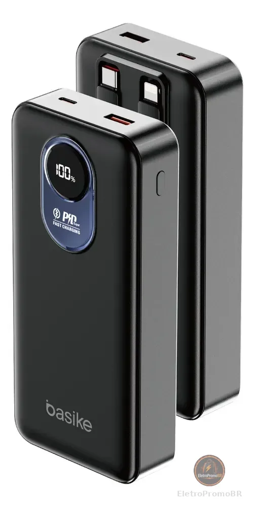 Power Bank Basike com Cabo Embutido de 22.5W e 20.000mAh para iPhone e Android