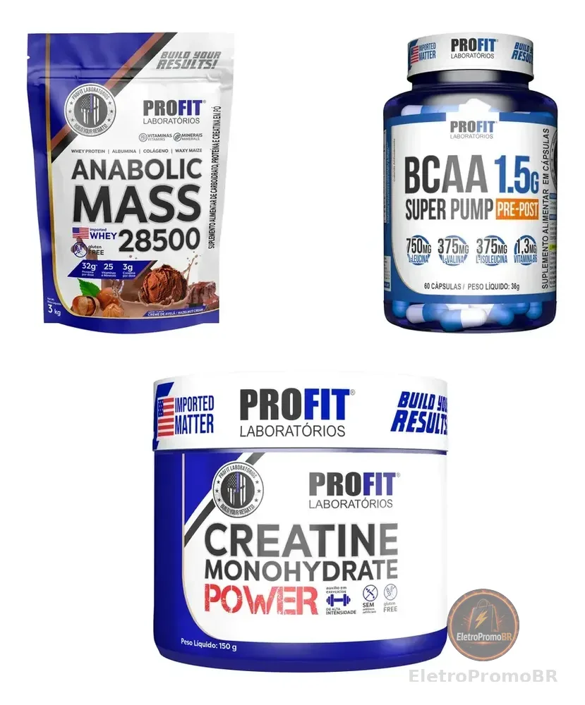 Kit Ganho De Massa: Hipercalórico Creme De Avelã 3kg + Bcaa 1.5g 60caps + Creatina Monohidratada 150g - Profit