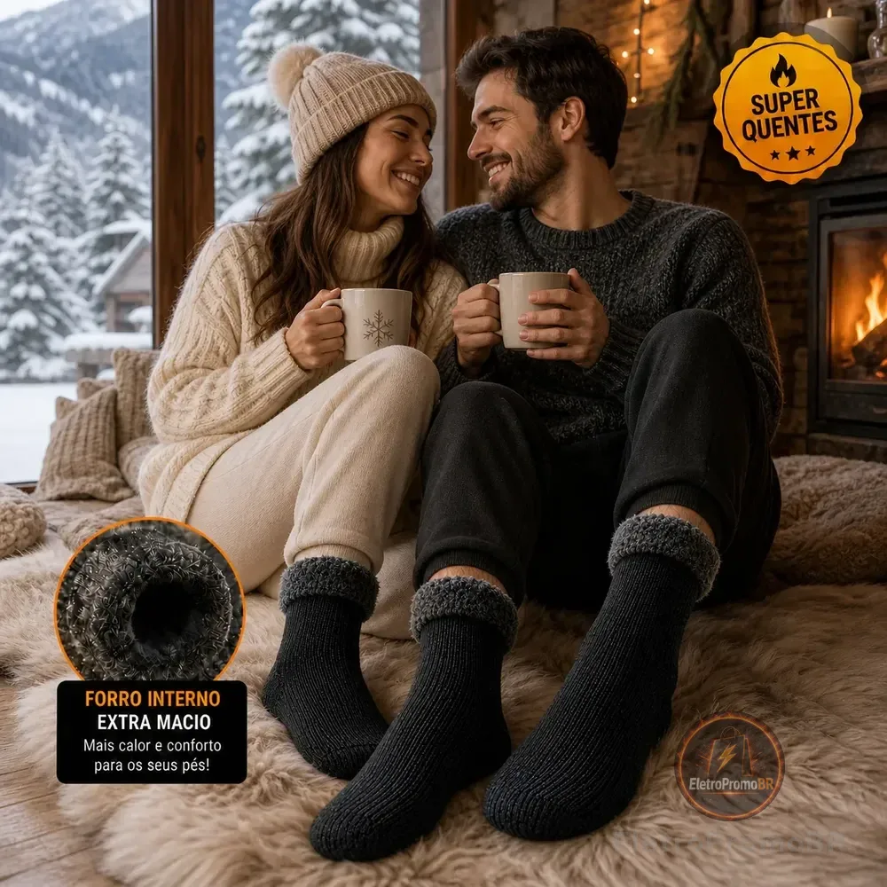 Kit 6 Meias Térmica Grossa Quente Inverno Frio Neve Forrada 2 Pretas E 4 Sortidas Lisa 34 Ao 44