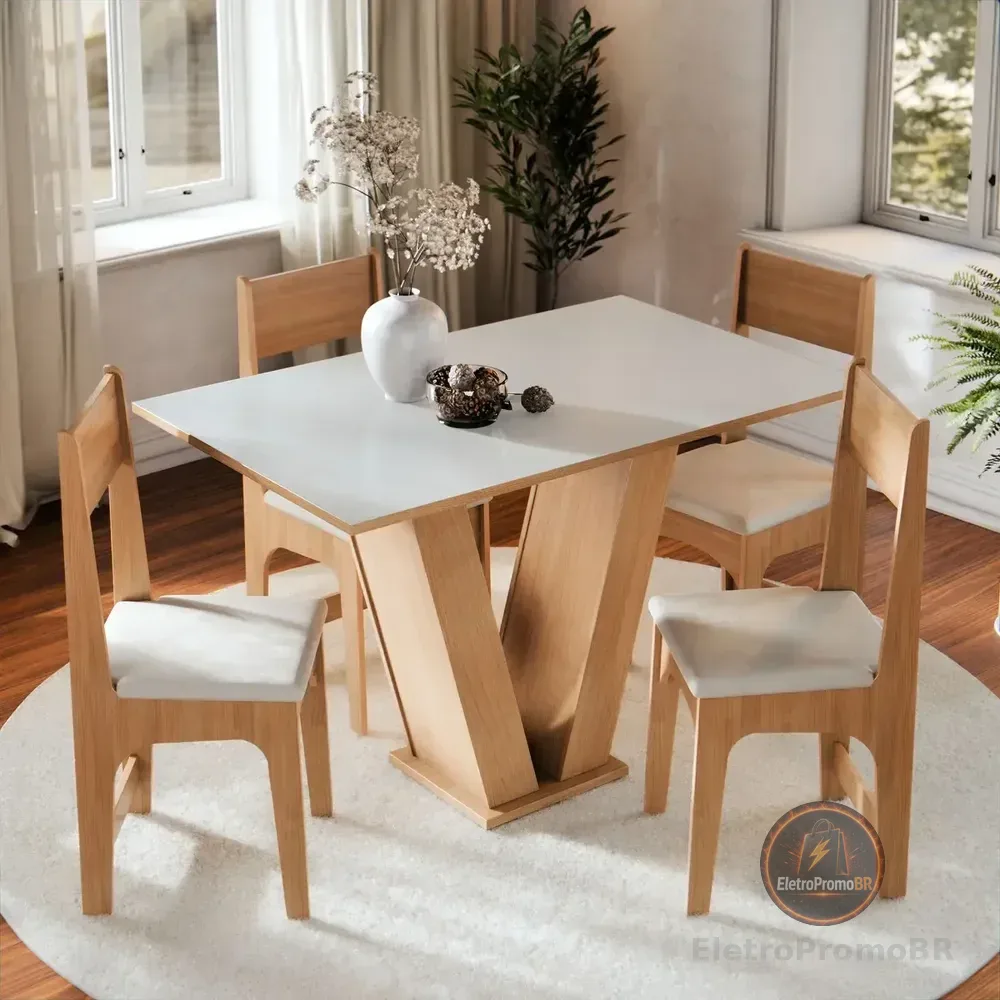 Conjunto Sala de Jantar 4 Lugares com Cadeiras Estofadas Mesa Com Tampo Retangular Semelhante Vidro Base V Mel Branco Off White
