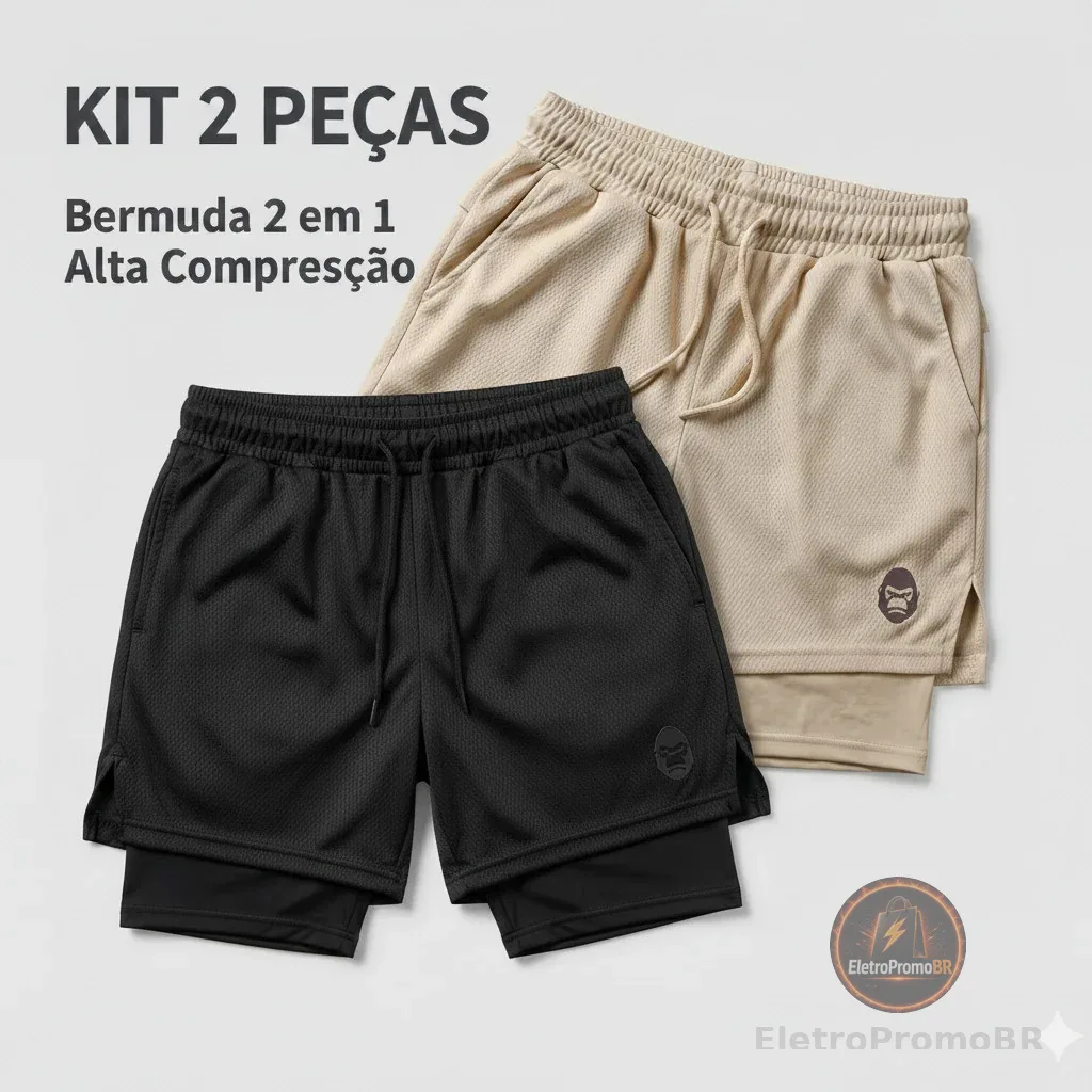 Kit 2 Bermudas Shorts Masculino Kong 2 em 1 Com Forro Térmico e Bolso Celular Academia Corrida