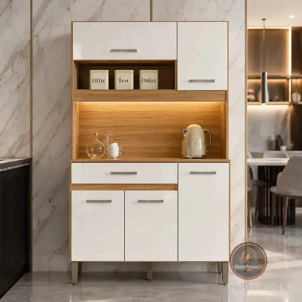 Kit Armário De Cozinha Compacto Magazine Com 5 Portas E 1 Gaveta Multiuso E Bancada Multifuncional Organizador Design Moderno Cor Freijó Off White
