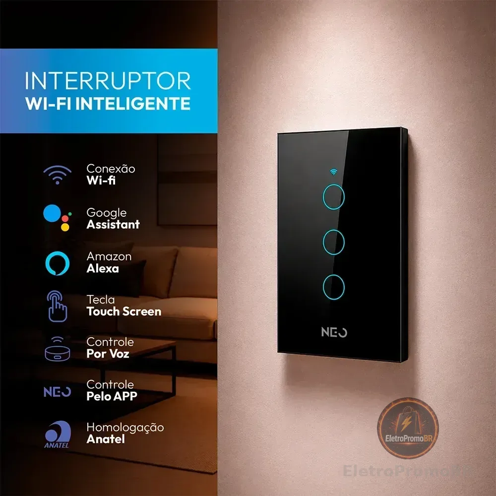 Interruptor Inteligente Wifi 4x2 Touch 3 Botões Alexa Google Cor Preto NEO by Avant