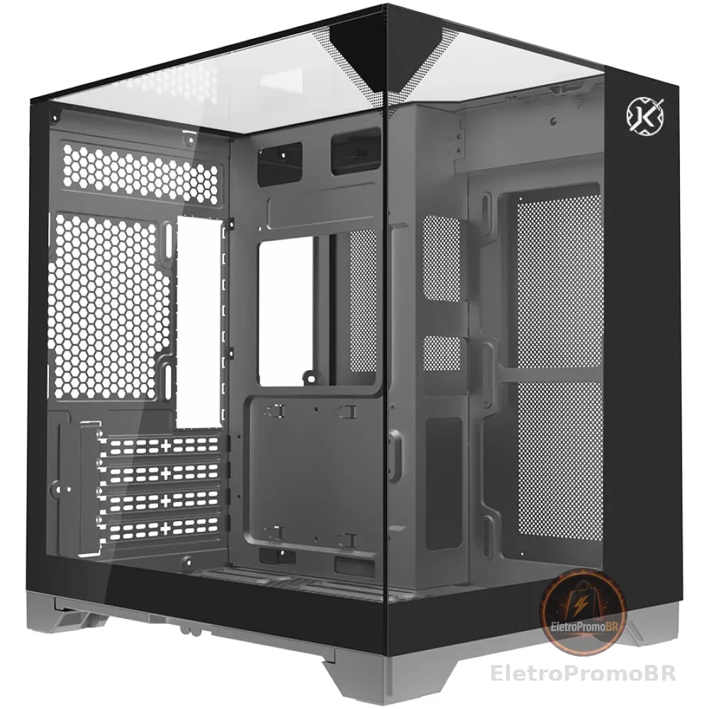 Gabinete Gamer Kalkan Midgard Vision Preto Micro ATX Aquário Sem Fans Câmara Dupla Painéis de Vidro Temperado Triplo Vista Panorâmica KLK00086