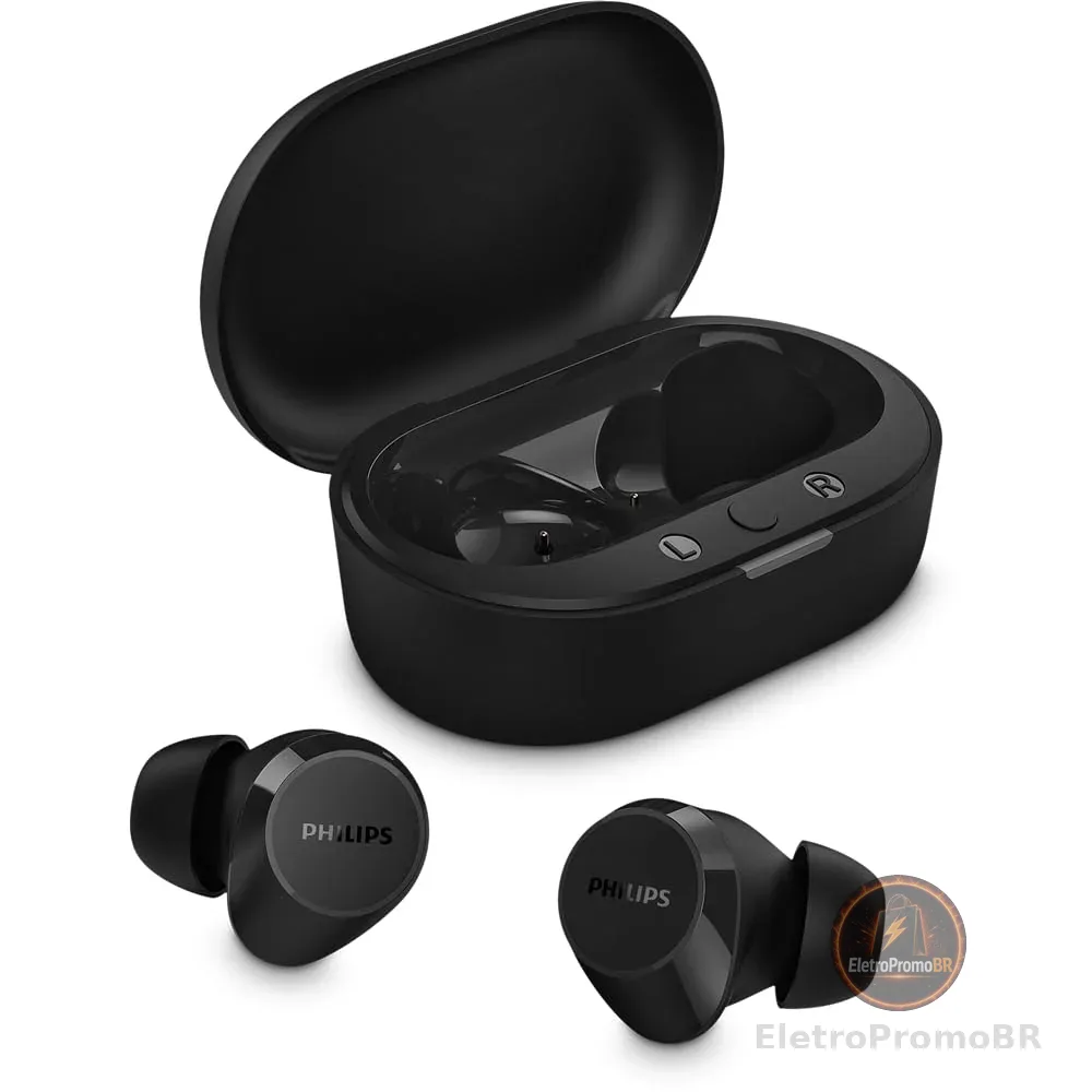 Fone de ouvido sem fio TWS Philips TAT1209BK/00 na cor preto, com bluetooth, microfone, tecnologia IPX4 e 18 horas de reprodução.