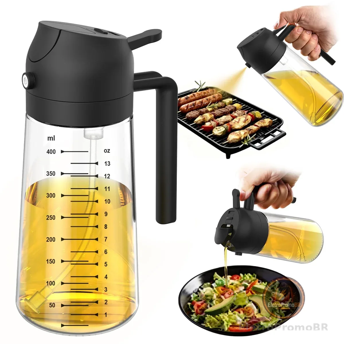 TrendPlain Pulverizador de azeite de oliva de vidro de 470 ml para cozinhar – Frasco dispensador de azeite 2 em 1 para utensílios de cozinha e acessórios de fritadeira de ar, salada, churrasco - preto