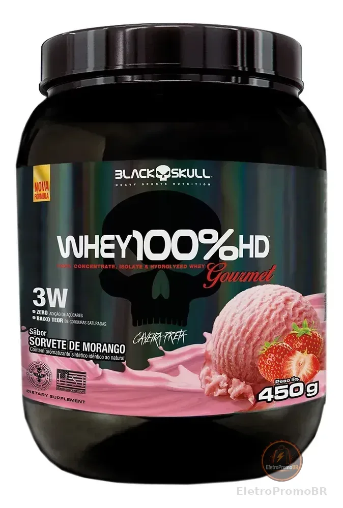 Whey 100%hd Gourmet 450g Black Skull Sabor Morango