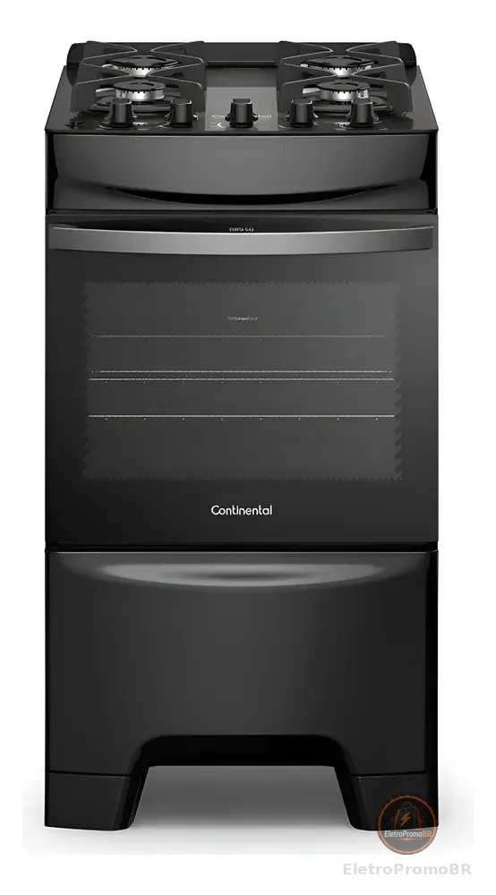Fogão 4 Bocas Continental Preto Mesa de Vidro, Forno Eco Turbo e Grades Ferro Fundido (FC4GB) - Bivolt