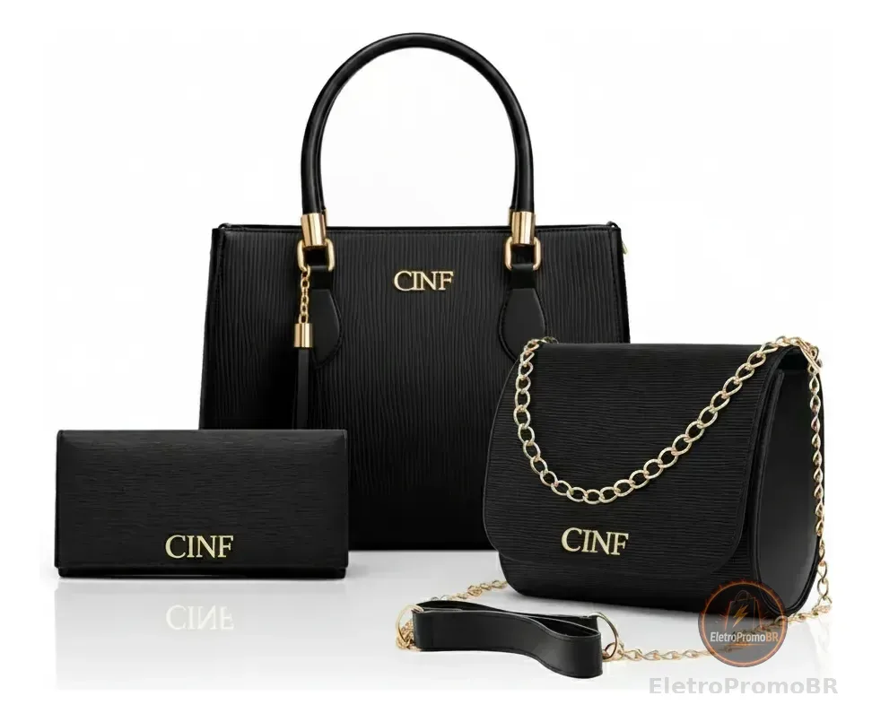 Kit Com 3 Peças Bolsas Feminina Transversal Média Tira Colo Carteira Cor Preta Cinf