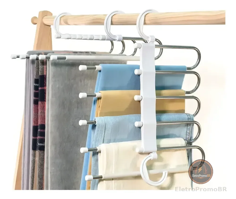 Cabide Mágico Inox Retrátil 5 Varetas Calças Otimiza Espaço Cor Branco Clink