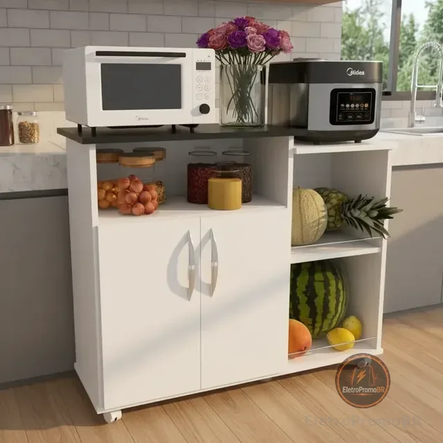 Fruteira Balcão Com Suporte Para Microondas C/ 4 Rodas