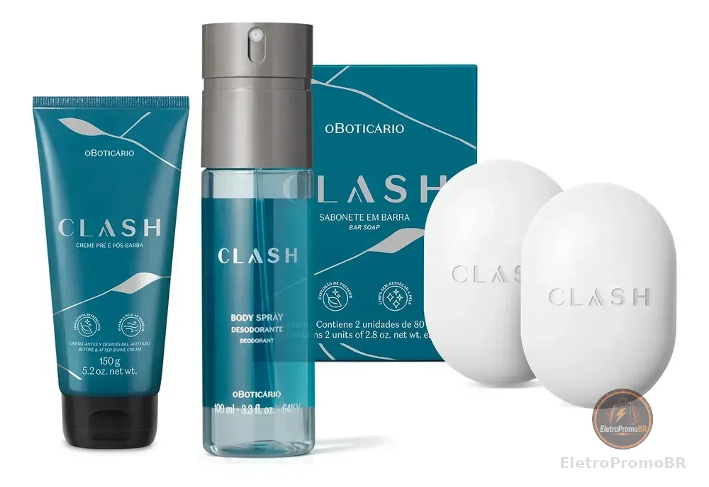 Combo Clash: Sabonete Em Barra 2x80g + Creme Pré E Pós-barba 150g + Body Spray 100ml