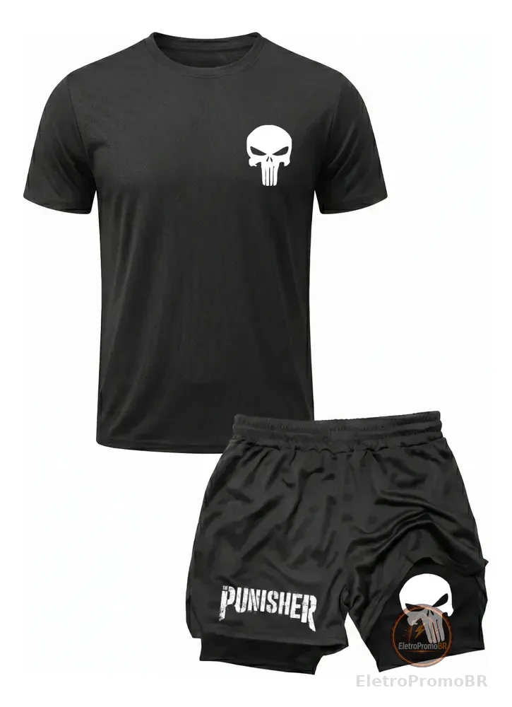 Kit Academia Treino Camiseta Dry Fit + Short 2 Em 1 Punisher Preto Gg