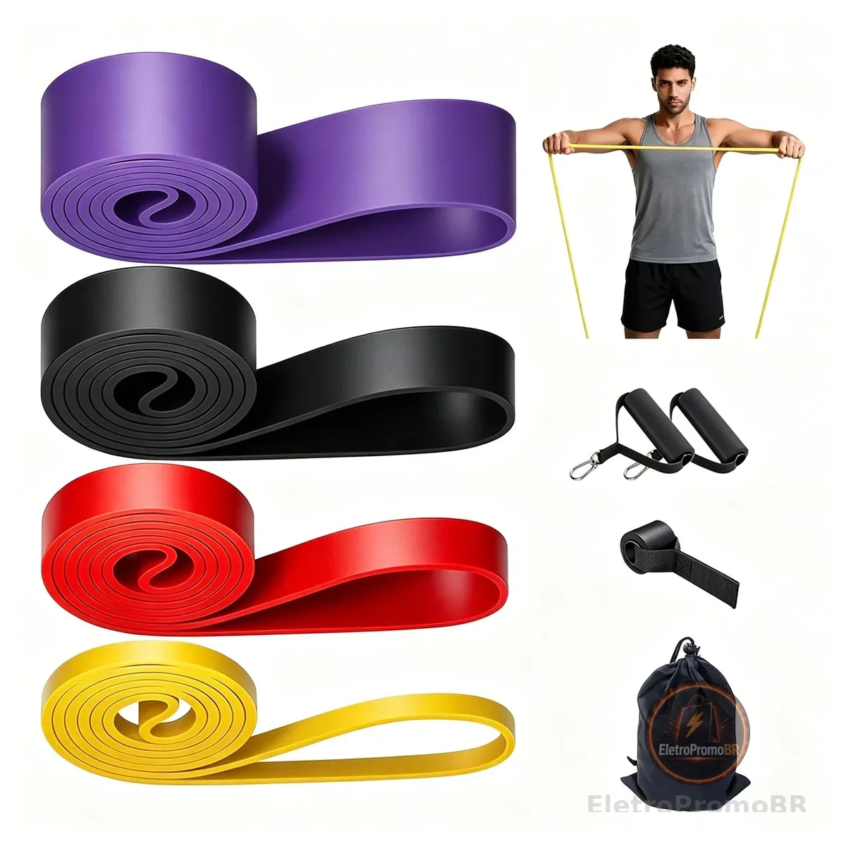 Kit 4 Elásticos para Exercício de Musculação, Faixas Super Band para Crossfit e Academia, Amarelo, Vermelho, Preto e Roxo, com Bolsa e Acessórios