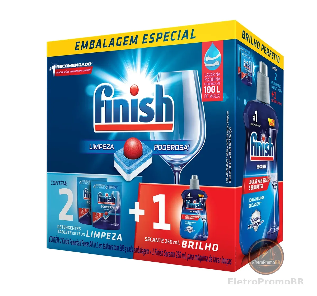 Kit 2 Detergentes Lava Louças Finish Powerball 13 tabs + 1 Finish Secante 250ml