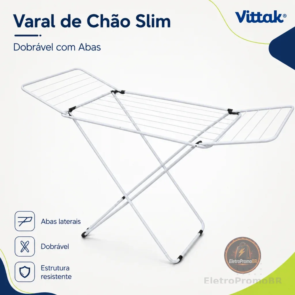Vittak Varal De Chão Slim Reforçado Com Abas Dobráveis Branco – Portátil E Compacto