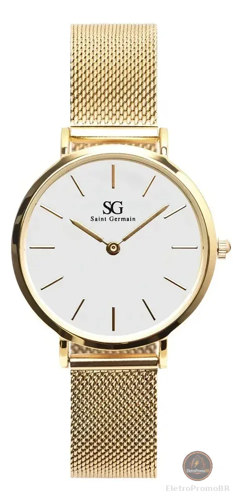 Relógio Feminino Dourado Chelsea Gold 32mm Fundo Branco Saint Germain