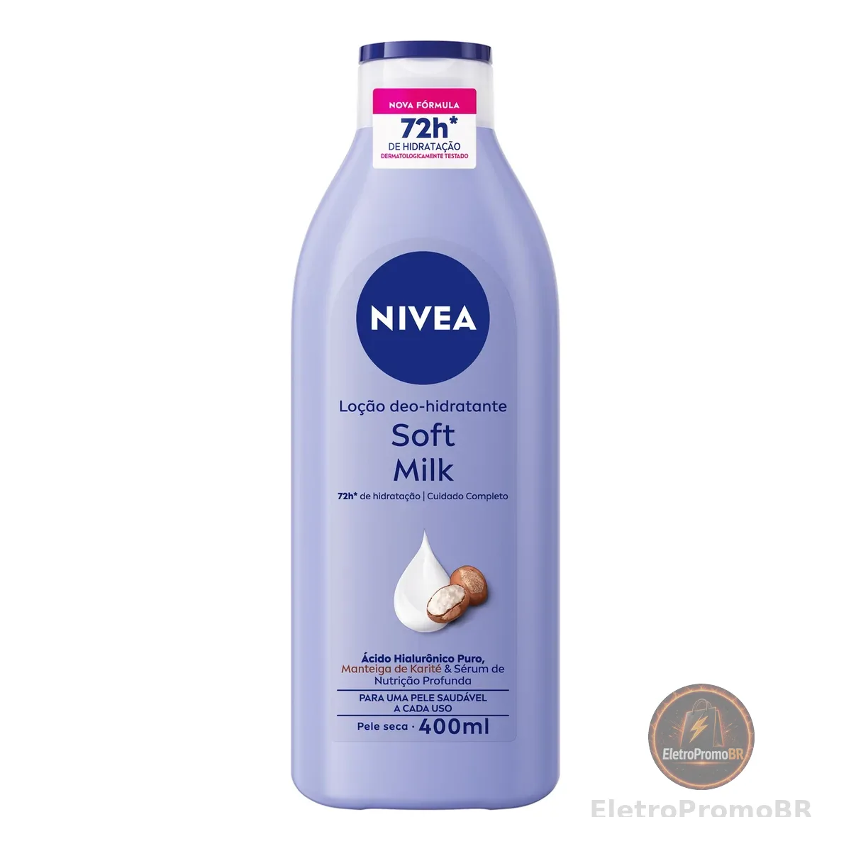 NIVEA Loção Deo-Hidratante Soft Milk 400ml, Hidratação Profunda 72h, Hialurônico Puro, Corporal, Pele Seca