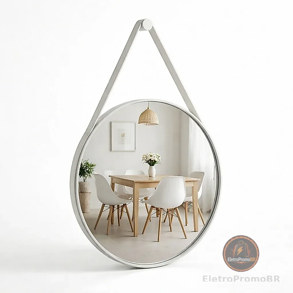 Espelho Redondo Decorativo Adnet Alça Couro Suporte 60cm Sala Quarto Banheiro