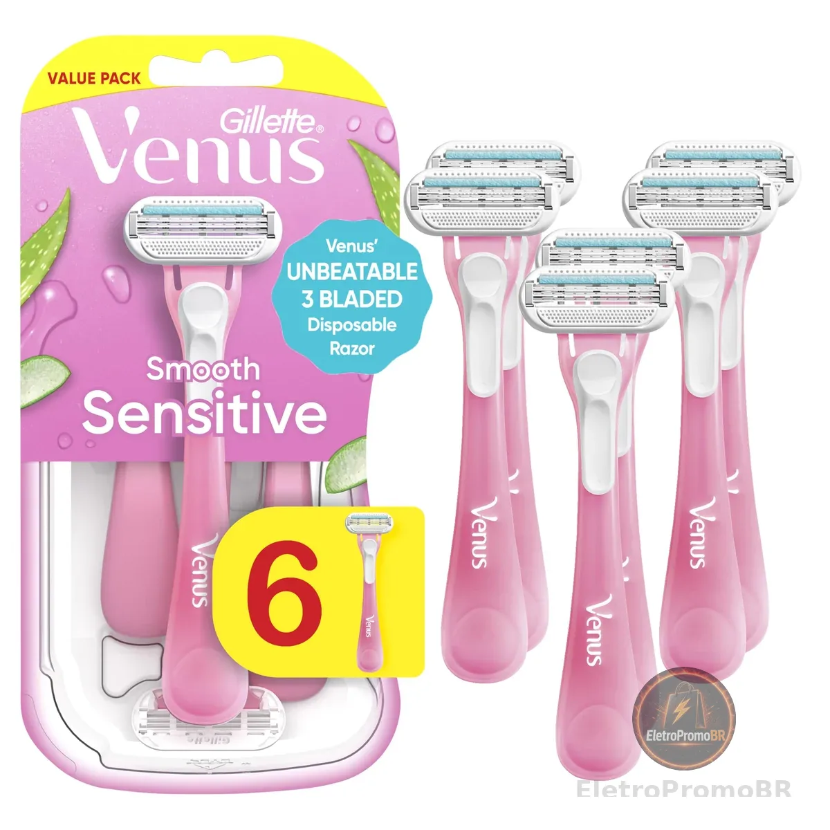 Gillette Venus Lâminas descartáveis sensíveis para mulheres com pele sensível, 6 unidades, proporciona um barbear rente com conforto