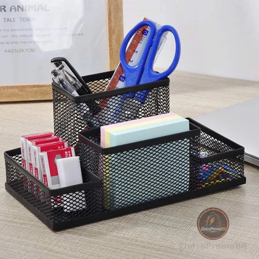 Porta Caneta Organizador De Metal Para Mesa Escritório Aramado C/ Divisórias Multiuso