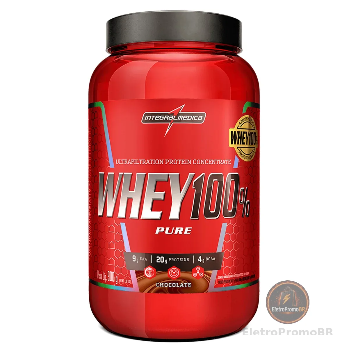 Integralmédica - Whey Protein Concentrado Chocolate 100% Pure - 21g de Proteína por Scoop, Suplementação Alimentar Pós-Treino, Fórmula Enriquecida com BCAAs - Pote 900g | Suplementação Alimentar Pós-Treino, Fórmula Enriquecida com BCAAs