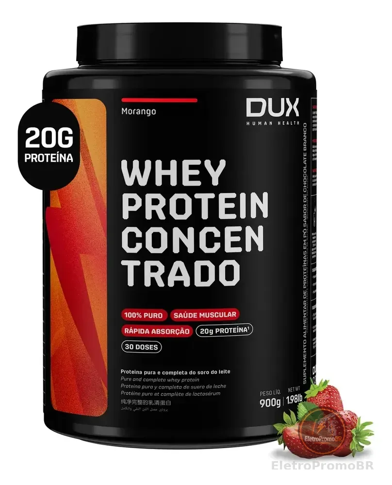 Whey Protein Concentrado DUX 900g Morango Proteína Pura Suplemento Muscular